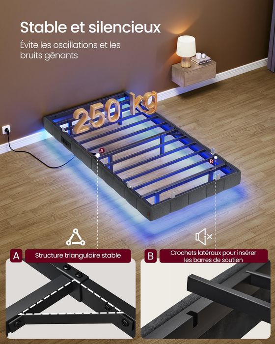 !ЛИКВИДАЦИЯ! Легло 90 x 200 см с LED осветление, плаващ ефект, тапицирани страници, 2 AC контакта, 2 USB-A и 1 US