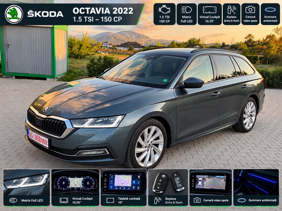 Skoda Octavia 1.5tsi-150cp 2022 full led/matrix/keyless/ACC/virtual/lane+side assist/camera/ambiental/tableta mare/CANTON/alcantara/moduri condus/18‘