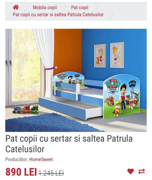 Se vinde pat copii Paw Patrol