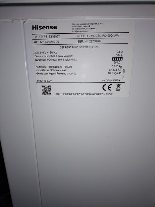 Vând Ladă Frigorifică Hisense, Capacitate 384L, Model FC499D4AW1.