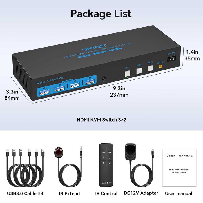KVM Switch HDMI 3 PC 2 Monitoare 4K 60Hz USB 3.0 Dual Monitor