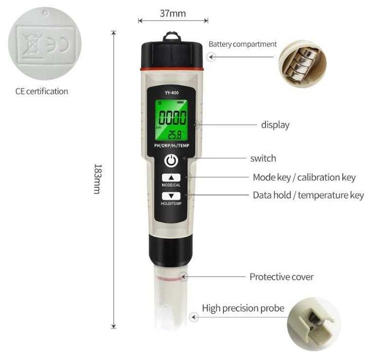 4в1 ORP Метър H2 Метър PH Метър с Термометър с Автоматична Компенсация