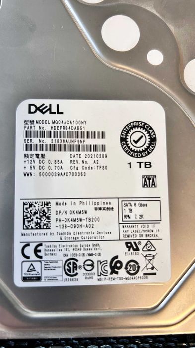 DELL 1TB 7.2K RPM SATA 6Gbps 512n 3.5in Hot-plug Hard Drive