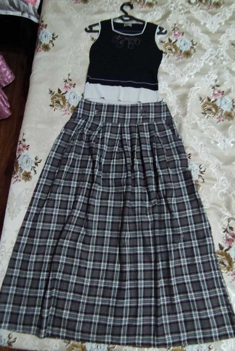 Юбка шотландка длинная, с майкой, Skot yubka uzun,tank tepasi bilan
