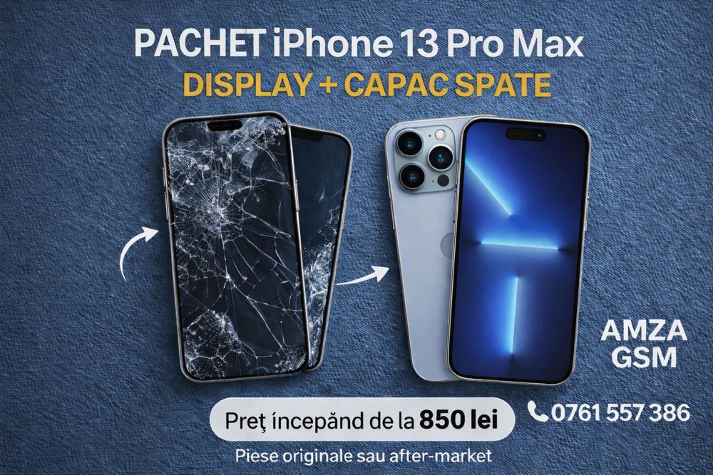 Pachet Display + Sticla Spate iPhone 13 Pro Max 16 15 14 12 Plus Ecran