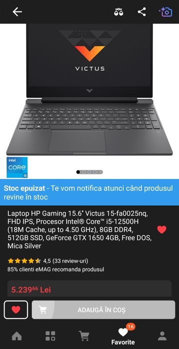 Laptop gaming HP Victus i5-12500H / 16GB RAM / 512GB SSD / GTX1650 4GB