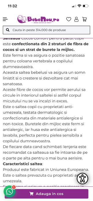 Patut bebe lemn masiv+saltea cocos