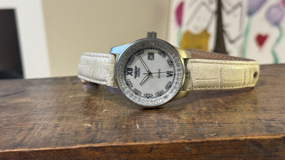 Ceas aviator pietre diamante cadran alb diametru mate quartz
