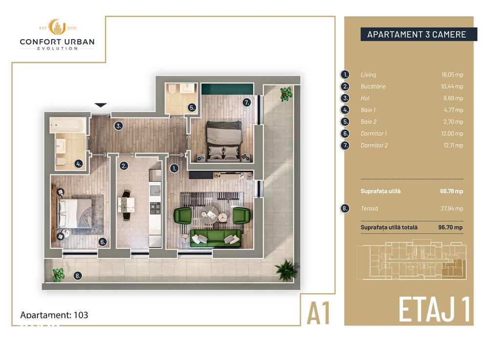 Apartament de 3 camere cu terasa ampla,96.70mp Confort Urban Evolution