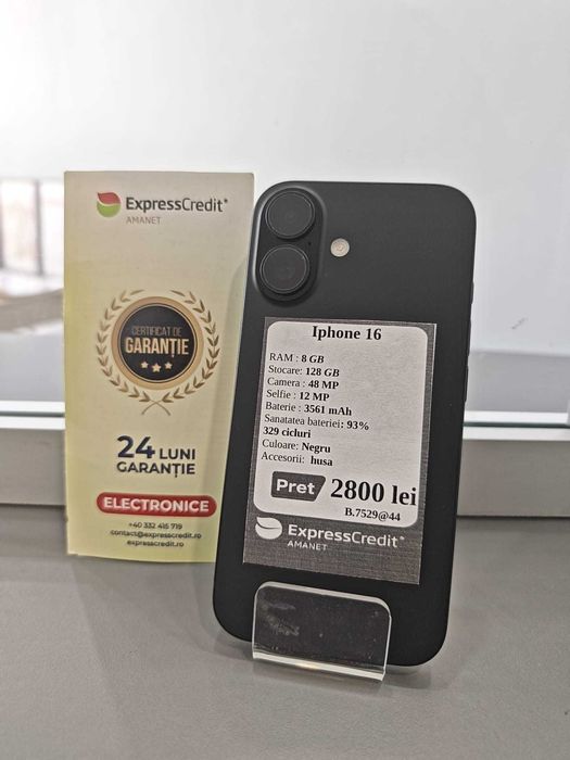 Iphone 16 128GB 93% baterie (AG44 B:7529)-garantie 2 ani!