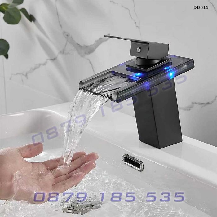 LED смесител за мивка тип водопад с кристален ефект, хром или черен чучур за баня