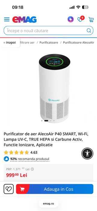 Purificator aer AlecoAir P40 SMART Wi-Fi, UV-C, HEPA şi Cǎrbune activ