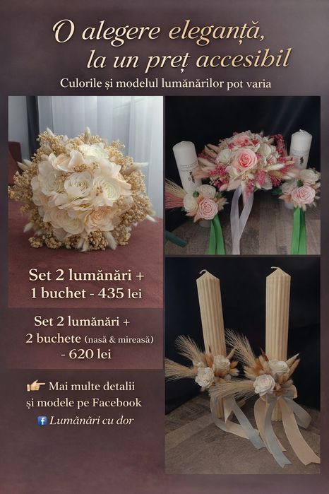 Set de 2 lumânări de cununie și buchet de mireasa