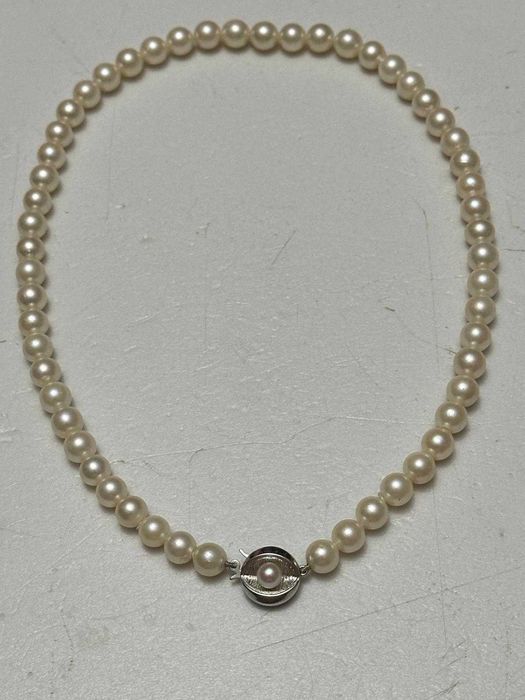 COLIER PERLE Naturale Rotunde +Inchizatoare AUR Alb 18k -2.5g -Vintage