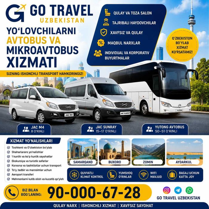 Yo'lovchi tashish  Avtobus va Mikroavtobus xizmati. Arenda avtobus