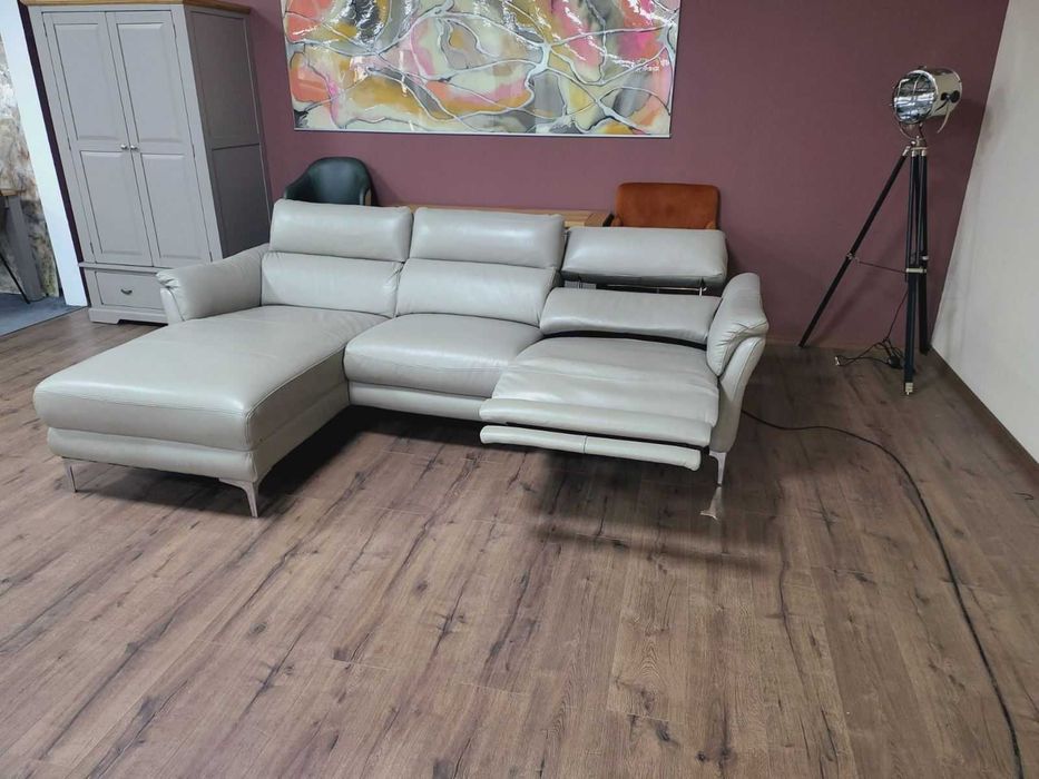 Сив кожен ъглов диван с електрически релакс механизъм