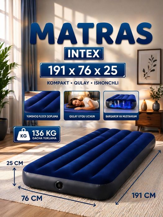 Intex 1 kishilik puflanadigan matras 191×76×25 sm