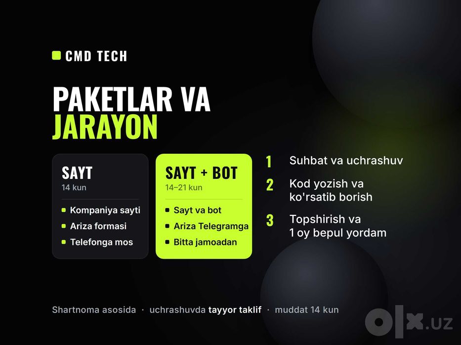 Sayt yasash va Telegram bot yaratish — 50+ loyiha, shartnoma bilan