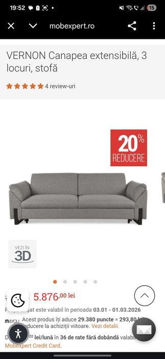 Canapea  Mobexpert 3 locuri extensibila in stare noua  (Vernon)