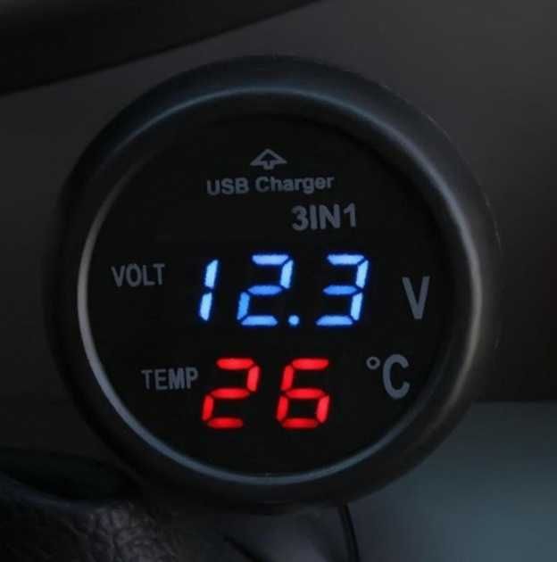 Волтметър, Термометър и USB зарядно за кола, уред 3 в 1