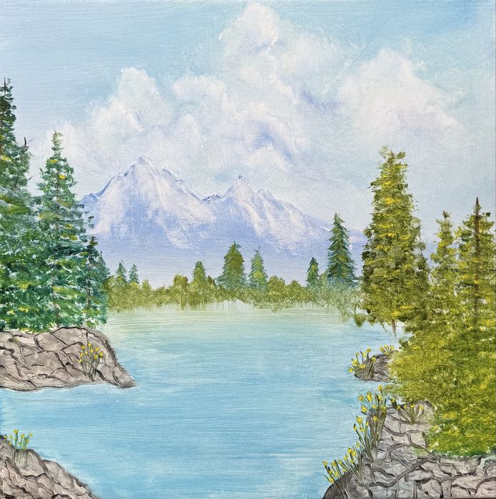 Планински пейзаж с езеро - маслена картина