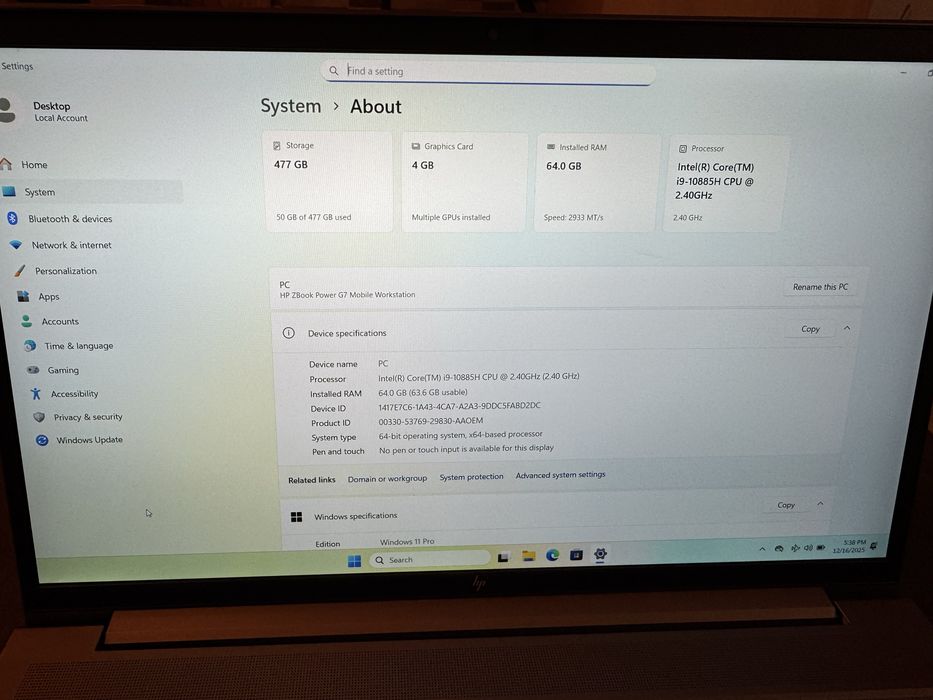 HP ZBook Power G7 Intel i9 64GB NVidia Quadro T2000 4GB