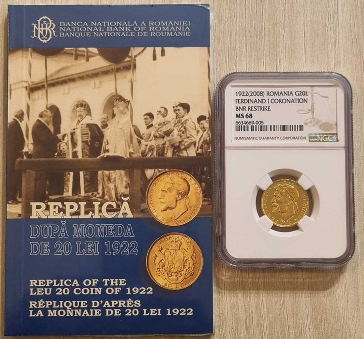 Moneda 20 lei aur, Ferdinand 1922 rebatere BNR 2008, gradata NGC MS 68