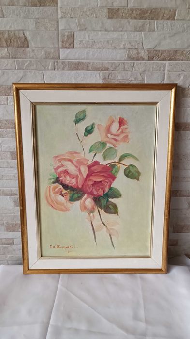Стара картина "Flowers" - масло върху платно - 49/38см