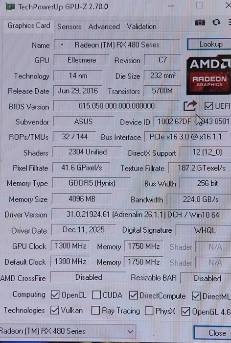 Asus Radeon RX 480 4gb