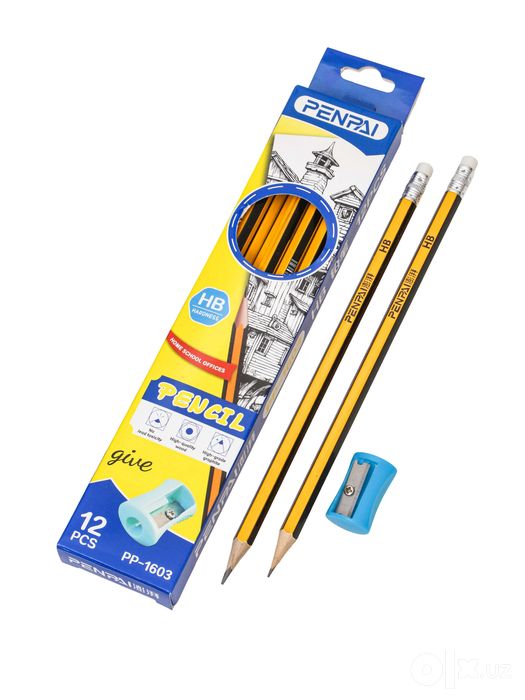Карандаши PENPAI PP-1603 HB с ластиком и точилкой, 12 шт