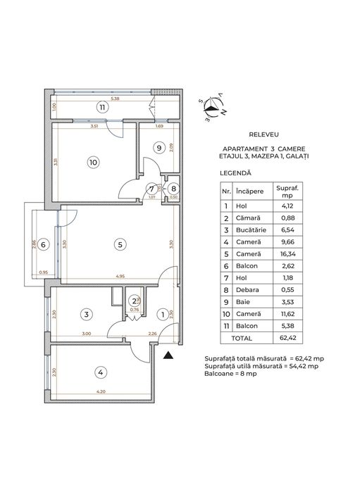 Apartament 3 camere | Mazepa 1 Galați | Etaj 3/4 | Semidecomandat | Suprafața totală 62,42 mp