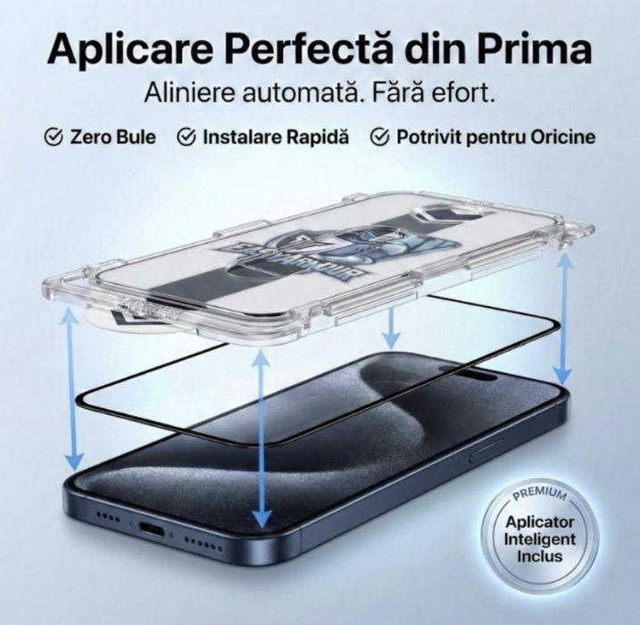 Kit 2x Folii Sticlă iPhone 15 / 15 Pro cu Aplicator Automat Smart-Align, Antishock, Fără Bule
