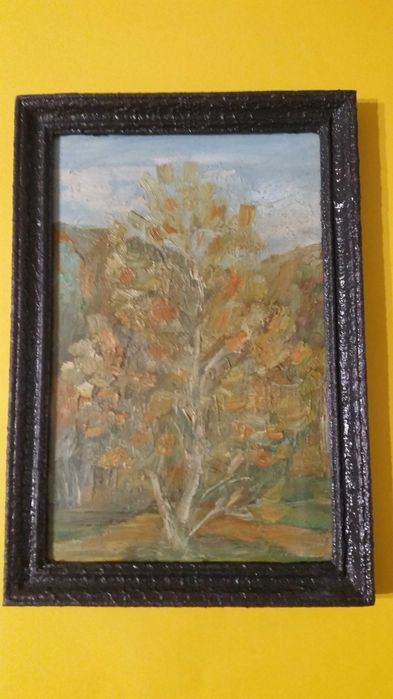 Златна есен в гората. Красива картина, рисувана с маслени бои.