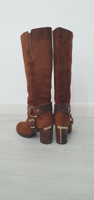 Cizme dama, din piele intoarsa, naturala, culoare maro, marimea 37
