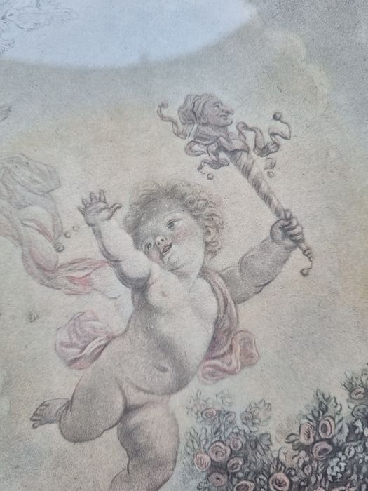 Tablou vintage rotund – gravură după Fragonard, ramă aurie eleg