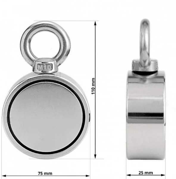 Magnet pescuit 2x160 kg Forta, Puternic doua fete din neodim D75 mm