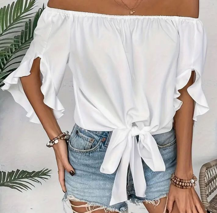 Bluză cu volane și umerii goi alb M