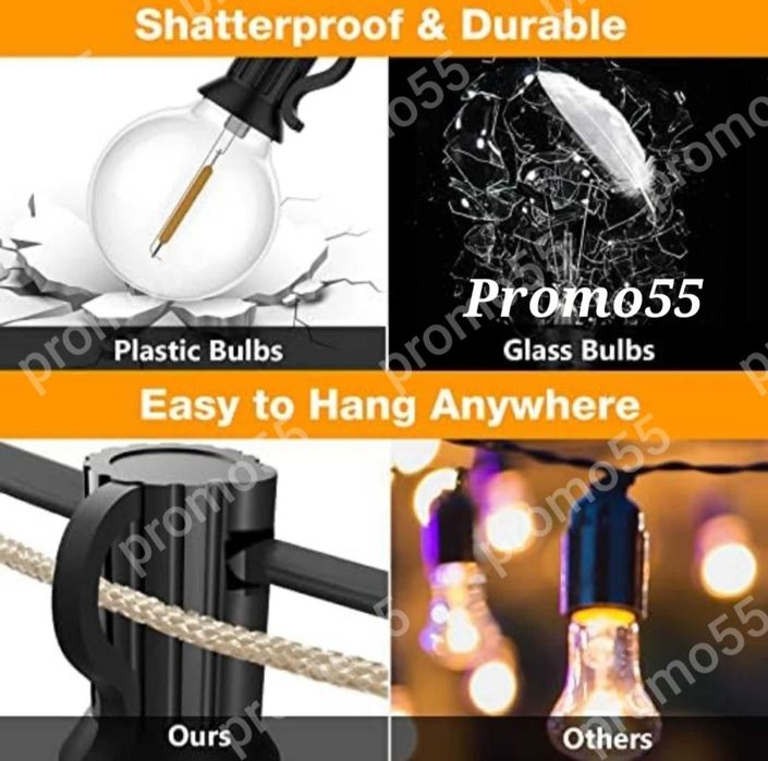 Светлинна Верига 20Бр. Външни Нечупливи Лед Крушки за  Декорация 10м