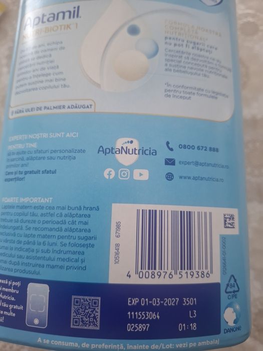 Lapte praf Aptamil 0-6 luni, Cădiță bebeluși
