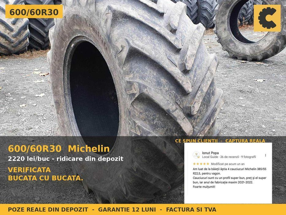 ANVELOPE 600/60R30 Michelin Cauciucuri Tractor Spate 4x4 Fendt John Deere Claas Deutz SH GARANTIE Factura TVA