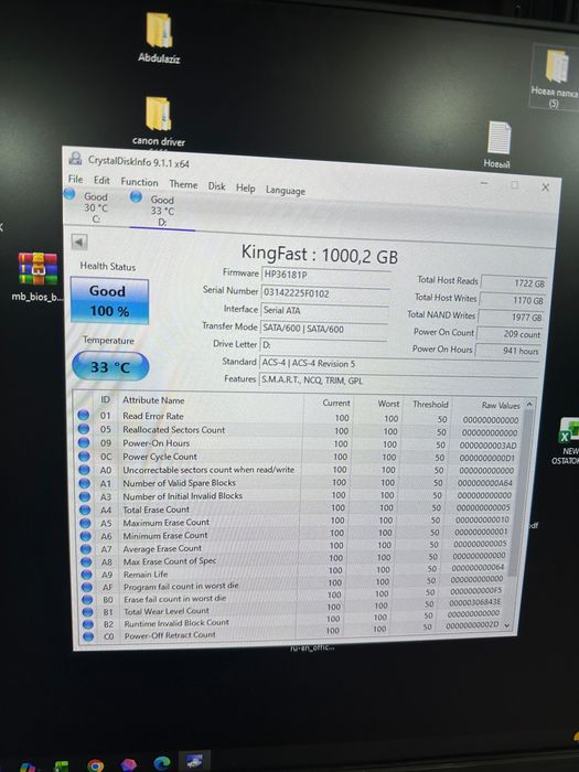 (ПОЧТИ НОВЫЙ) Емкость 100%, SSD sata 1tb, Kingfast