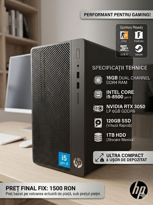 Pc Gaming compact, consum redus de curent 16GB Ram i5 8500 RTX3050 LP