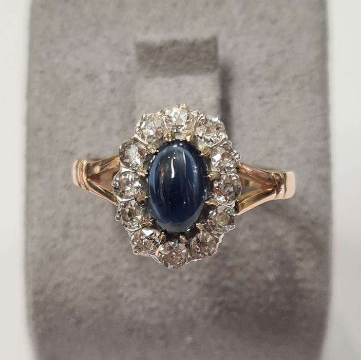 Inel din aur galben 14 si argint, cu safir si diamante naturale,