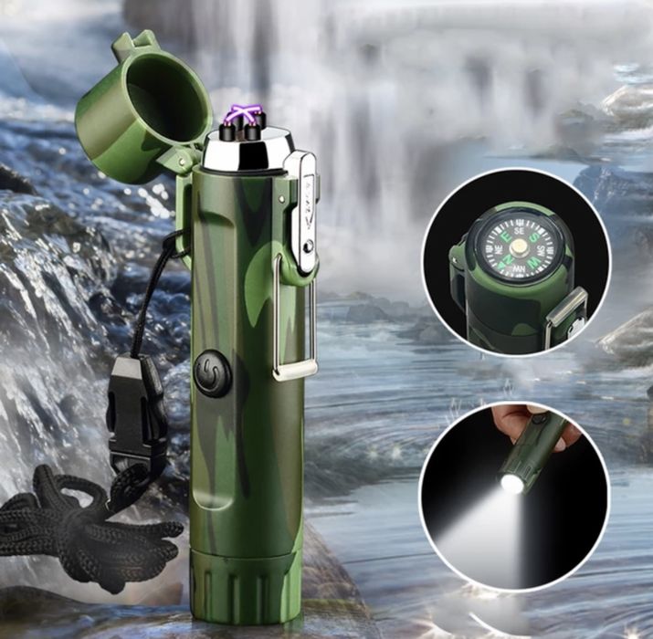 Плазмена запалка водоустойчива с фенер и компас тактическа туризъм лов