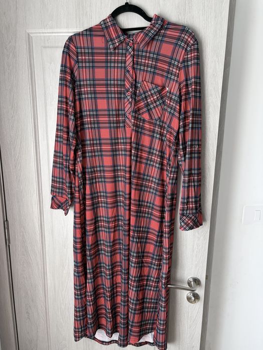 Cămașă de noapte femei mânecă lungă în carouri nasturi frontal pijama caldă – Roșu XL/M