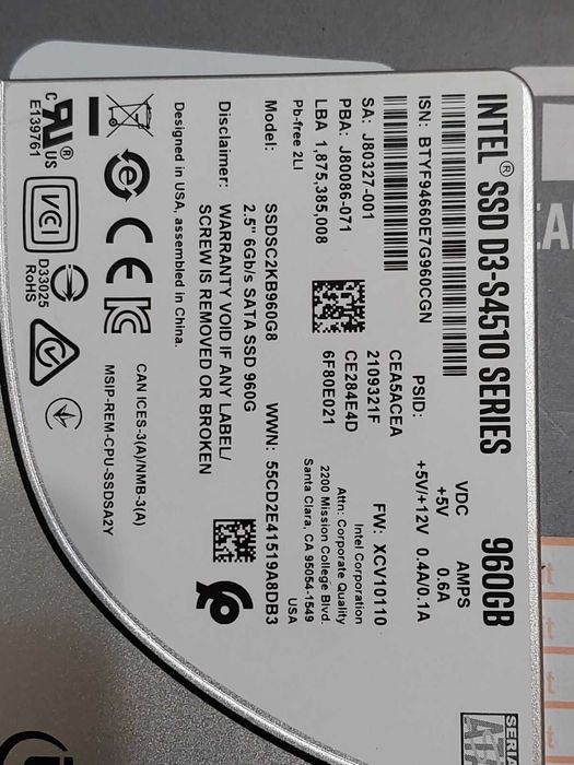 1TB, 960GB SSD Sata  - Crucial MX500, Intel D3-S4510