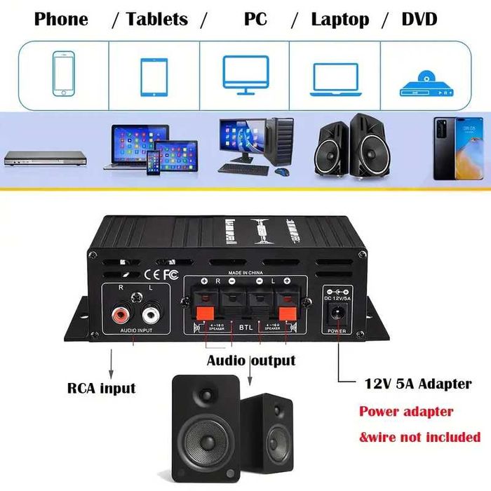 HiFi стерео усилвател 2-канален 100W, клас AB + Гаранция