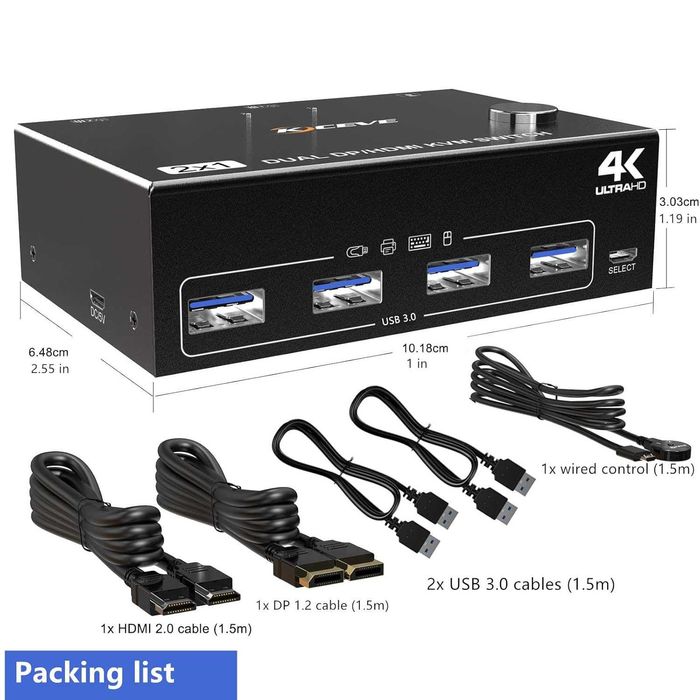 KCEVE DP HDMI USB 3.0 KVM превключвател за 2 компютъра и 2 монитора