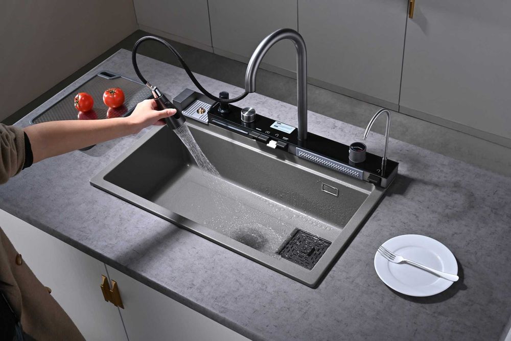 Сива гранитна мултифункционална кухненска мивка с двоен водопад