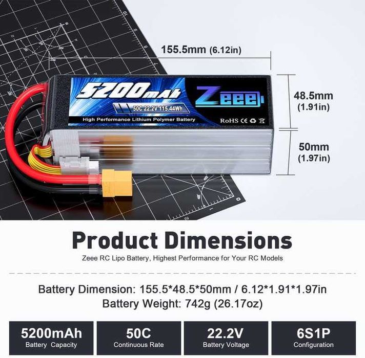 Lipo 6S Lipo Battery 5200mAh 22.2V 50C with XT90 Plug